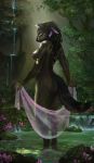  amphibian anthro breasts canine day digitigrade feathers female flower frog green_eyes hiona holding_object lerno looking_down mammal mane nipples nude outside partially_submerged plant solo standing stone tree water waterfall wolf 