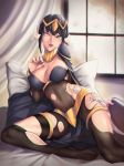  ass_visible_through_thighs au_ra black_hair bodystocking book breasts cameltoe cape chromatic_aberration cleavage cosplay covered_navel curtains feet final_fantasy final_fantasy_xiv fire_emblem fire_emblem:_kakusei green_eyes heterochromia highres horns index_finger_raised large_breasts licking_lips pelvic_curtain pillow platinum_disco purple_eyes reclining scales tharja tharja_(cosplay) tiara toes tongue tongue_out torn_bodystocking window 