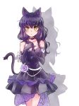  animal_ears arm_ribbon bare_shoulders blake_belladonna blush body_blush braid cat_ears cat_tail choker collarbone commentary_request cowboy_shot dress elbow_gloves eyebrows_visible_through_hair flower formal gloves hair_twirling highres iesupa layered_dress legs_together long_hair looking_at_viewer purple_dress purple_hair ribbon rwby shadow simple_background solo standing tail white_background yellow_eyes 