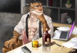  alcohol amon-sydonai anthro beverage blue_eyes business claws clothing computer erection exhibitionism feline karnal laptop male mammal muscular necktie office penis pinup pose public shirt signature solo tiger undressing 