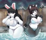  2017 4_fingers absurd_res alternate_species anthro bear beauty_mark belly big_breasts bikini biped black_fur black_hair black_markings black_nose black_tail blue_clothing blurred_background blush bouncing_breasts breasts brown_eyes brown_hair buckteeth butt_bump cheek_tuft chest_tuft cleavage clothed clothing digital_drawing_(artwork) digital_media_(artwork) duo eye_markings eye_through_hair eyewear female fence fist fluffy fluffy_tail front_view fur furrification giggling glasses grey_clothing hair hair_bun hair_sticks half-length_portrait hi_res hot_spring huge_breasts humanoid_hands inner_ear_fluff lagomorph laugh long_hair looking_aside looking_at_viewer looking_away mama_bunny_(deep_hukadune) mammal markings mei_(overwatch) metaljaw75 midriff mole_(marking) motion_lines mountain multicolored_fur navel nipple_bulge one_eye_closed onsen open_mouth open_smile outline outside overwatch overweight overweight_female panda partially_submerged pink_tongue portrait rabbit red_eyes short_hair short_tail side-tie_bikini side_by_side skimpy sky smile snout standing star starry_sky swimsuit teeth tongue translucent_hair tuft two_tone_fur video_games water white_fur white_tail wink 