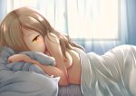  absurdres areolae azur_lane bangs bed bed_sheet blush breasts commentary_request curtains hair_down hair_over_one_eye highres kirimori_toya light_brown_hair long_hair looking_at_viewer lying naked_sheet nipples on_side parted_bangs pillow sheffield_(azur_lane) small_breasts solo under_covers window yellow_eyes 