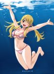  ;d absurdres armpits arms_up artist_name barefoot bikini blonde_hair blush breasts brown_eyes cleavage eyebrows_visible_through_hair fairy_tail full_body gaston18 hair_between_eyes hair_ornament hair_scrunchie highres large_breasts long_hair looking_at_viewer lucy_heartfilia one_eye_closed open_mouth pink_scrunchie scrunchie smile solo striped striped_bikini swimsuit twintails underboob underwater vertical-striped_bikini vertical_stripes 