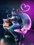  2018 black_hair blue_fur breasts butt canine collar ear_tag female fox fur hair holding_tail mammal one_eye_closed pawpads pillow pink_nose purple_eyes sitting smile smoking solo vaping zorryn 