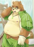  2018 anthro balls bear belly blush brown_fur clothing eyewear fur glasses gloves humanoid_hands male mammal moobs navel nipples overweight overweight_male penis pomupomu490 solo tokyo_afterschool_summoners volos 