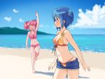  ^_^ arm_at_side arm_up arms_at_sides bare_arms bare_legs bare_shoulders barefoot beach bikini bikini_under_clothes blue_eyes blue_hair blue_sky blurry blurry_background blush breasts cleavage closed_eyes closed_mouth cloud collarbone day denim denim_shorts flying_sweatdrops gloamy hair_ribbon highres kaname_madoka looking_at_another magia_record:_mahou_shoujo_madoka_magica_gaiden mahou_shoujo_madoka_magica medium_breasts miki_sayaka multiple_girls navel ocean open_clothes open_fly open_mouth open_shorts outdoors pink_hair ribbon running short_hair shorts side_ponytail sidelocks sky smile standing stomach strap_gap swimsuit thighs two_side_up unbuttoned water waving |d 