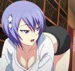  1girl all_fours animated animated_gif ass ass_shake blue_hair breasts cleavage downblouse hair_ornament invitation maji_de_watashi_ni_koi_shinasai! medium_breasts naughty_face open_mouth purple_eyes shiina_miyako short_hair shorts solo top-down_bottom-up 