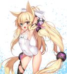  animal_ears arched_back armpits arms_behind_head bangs blonde_hair blush braid breasts collarbone covered_navel ehart eyebrows_visible_through_hair fang fox_ears g41_(girls_frontline) girls_frontline hair_between_eyes hair_ornament hair_ribbon heterochromia long_hair looking_at_viewer low-tied_long_hair one-piece_swimsuit open_mouth ponytail ribbon school_swimsuit shiny shiny_skin side_braid sideboob simple_background small_breasts solo split_ponytail standing swimsuit tied_hair very_long_hair white_swimsuit 
