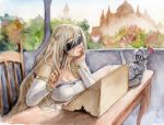  bare_shoulders blindfold blonde_hair braid breast_rest breasts character_doll cleavage commentary_request day detached_sleeves dress frank_leung french_braid goblin_slayer goblin_slayer! gold_trim holding large_breasts leaning_forward long_hair quill sitting solo strapless strapless_dress sword_maiden traditional_media very_long_hair watercolor_(medium) white_dress 