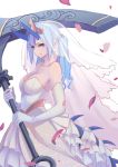  bangs bare_shoulders blue_eyes blue_hair blue_horns breasts bride cleavage closed_mouth dragon_girl dragon_horns dragon_tail dress elatius_the_anchorwielder elbow_gloves fang from_side gloves highres holding holding_scythe holding_weapon horns large_breasts long_hair looking_at_viewer original petals pixiv_fantasia pixiv_fantasia_revenge_of_the_darkness scythe solo strapless strapless_dress tail tiara twintails virgosdf wavy_hair weapon wedding_dress white_gloves 
