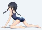  absurdres all_fours ass barefoot black_hair blush braid brown_eyes cameltoe commentary_request feet from_behind grey_background highres kneepits legs long_hair looking_back one-piece_swimsuit open_mouth original retumihari school_swimsuit simple_background soles solo swimsuit toes twintails 