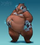  2018 bear belly belly_fondling belly_jiggle big_belly bjorn_(sturattyfur) brown_fur claws deep_navel electricity fur male mammal markings obese overweight overweight_male solo standing yiyani 
