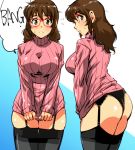  ass bangs black_legwear black_panties blush breasts brown_eyes brown_hair clothes_lift commentary_request covering covering_crotch eyebrows eyebrows_visible_through_hair freckles garter_straps glasses long_hair long_sleeves looking_at_viewer medium_breasts multiple_views no_pants original panties pantyshot pink_sweater profile red-framed_eyewear ribbed_sweater speech_bubble standing sweat sweatdrop sweater sweater_lift thighhighs thighs two-tone_background underwear yuya 