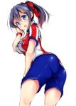  aikawa_fuuri ass black_hair blue_eyes blue_shorts blush bow club_atletico_de_madrid from_behind hair_bow la_liga looking_at_viewer mokufuu open_mouth original red_bow red_shirt shirt shorts simple_background solo striped striped_shirt white_background 