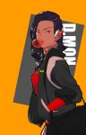  asian bag black_bag bodysuit breasts brown_eyes bubble_blowing character_name chewing_gum commentary d.mon_(overwatch) duffel_bag eyeliner fashion flipped_hair forehead from_side half-closed_eyes hand_in_pocket hands_in_pockets headphones high_collar highres jacket kayla_(mchandraws) long_sleeves looking_at_viewer looking_to_the_side makeup medium_breasts medium_hair open_clothes open_jacket overwatch pilot_suit purple_hair ribbed_bodysuit shoulder_bag solo track_jacket 