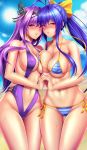  antenna_hair bare_shoulders beach bikini black_hairband blazblue blue_hair blue_sky bow breast_press breasts choker collarbone covered_nipples day genderswap genderswap_(mtf) hair_bow hairband highres holding_hands kajun_faycott large_breasts long_hair looking_at_viewer mai_natsume multiple_girls navel ocean one-piece_swimsuit open_mouth outdoors ponytail purple_choker purple_eyes purple_hair purple_swimsuit red_eyes shiboru side-tie_bikini sky smile striped striped_bikini swimsuit symmetrical_docking thigh_gap thighs very_long_hair water yellow_bow yuri 