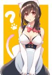  :o ? animal_ears bare_shoulders black_hairband black_skirt blush border bow bowtie braid breasts brown_hair cat_ears cat_tail cleavage colored_eyelashes commentary_request covered_nipples detached_collar elbow_gloves eyebrows_visible_through_hair fake_animal_ears frilled_skirt frills gloves gradient gradient_background hair_between_eyes hair_bow hairband high-waist_skirt highres holding holding_tray large_breasts long_hair looking_at_viewer maid open_mouth orange_background original paws red_bow red_eyes red_neckwear shunichi sidelocks single_braid skirt solo tail tray white_border white_gloves wing_collar 