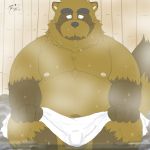  2018 anthro balls belly brown_fur bulge canine fur humanoid_hands male mammal moobs navel nipples overweight overweight_male penis sitting solo tanuki tanutronik753_k towel water wet 