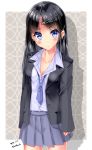  black_hair black_jacket blue_eyes blue_neckwear blue_shirt blush collared_shirt commentary_request copyright_request grey_background grey_skirt hair_ornament hairclip jacket long_sleeves looking_at_viewer mokufuu pleated_skirt shirt skirt solo 