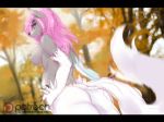  2018 anthro autumn canine fall_(disambiguation) female forest hair larkdraws mammal pink_hair tree 