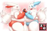  2015 anthro belly big_belly blush bulge claws clothing cute_fangs digital_drawing_(artwork) digital_media_(artwork) duo fur looking_at_viewer love_handles male male/male mammal navel nintendo open_mouth overweight pink_sclera pok&eacute;mon pok&eacute;mon_(species) relationship shiny_pok&eacute;mon shy silicon_chub slightly_chubby smile solo standing tongue underwear video_games white_fur zangoose 