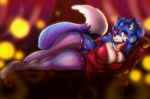  2018 anthro big_breasts breasts butt canine clothed clothing digital_media_(artwork) dress female fur garter hair hi_res huge_breasts igazella lazuli_(doggod.va) legwear lingerie looking_at_viewer mammal nightgown reclining smile solo stockings thick_thighs thigh_highs voluptuous wide_hips 