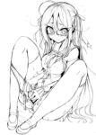  blush copyright_request glasses greyscale long_hair looking_at_viewer masturbation mokufuu monochrome object_insertion panties panties_around_one_leg smile solo underwear vaginal vaginal_object_insertion 