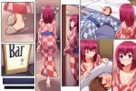  1girl ass bed_sheet blush breasts cleavage close-up closed_mouth drunk eyes_closed feet from_behind full_body futon glasses highres hoshizora_ikuyo husband_and_wife indoors japanese_clothes large_breasts legs light lying milf outstretched_arms pillow pink_hair precure purple_eyes sequential short_hair shrine_(artist) sign sleeping smile smile_precure! snoring standing thighs walking wide_sleeves 
