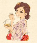  bag beige_background brown_eyes brown_hair candy derivative_work floral_print food grin hair_bun highres holding holding_candy japanese_clothes long_hair looking_at_viewer mojacookie original real_life signature smile solo upper_body 