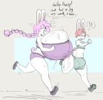  2018 angstrom anthro avery_(angstrom) big_breasts big_bulge blush bouncing_breasts breasts bulge clothed clothing duo eyes_closed eyewear female fully_clothed girly glasses hair hair_over_eye huge_breasts huge_bulge hyper hyper_breasts jogging lagomorph male mammal marie_(angstrom) mature_female mother parent rabbit shorts sweat thick_thighs top wide_hips 