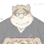  2018 anthro bear blush brown_fur clothed clothing food fur humanoid_hands male mammal one_eye_closed overweight overweight_male simple_background tanutronik753_k tokyo_afterschool_summoners volos white_background wink 