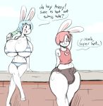  2018 angstrom avery_(angstrom) big_breasts big_bulge bikini breasts bulge clothed clothing duo english_text female food fully_clothed girly hair hair_over_eye huge_breasts lagomorph male mammal molly_(angstrom) popsicle rabbit shorts smile summer swimsuit text thick_thighs top wide_hips 