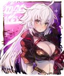  ahoge bangs bikini black_bikini black_choker black_gloves black_jacket blush breasts brown_eyes choker cleavage commentary_request cropped_jacket eyebrows_visible_through_hair fate/grand_order fate_(series) gloves hair_between_eyes haku_(sabosoda) head_tilt jacket jeanne_d'arc_(alter_swimsuit_berserker) jeanne_d'arc_(fate)_(all) large_breasts long_hair looking_at_viewer navel o-ring o-ring_bikini o-ring_top parted_lips playing_with_own_hair shrug_(clothing) silver_hair solo sparkle swimsuit upper_body very_long_hair 