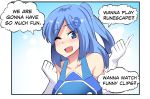  bare_shoulders blue_eyes blue_hair blush collarbone comic elbow_gloves english excited eyebrows_visible_through_hair gloves hair_ornament highres hinghoi index_finger_raised internet_explorer long_hair one_eye_closed open_mouth original personification smile solo speech_bubble upper_body 