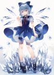  :o abandon_ranka absurdres blue_eyes blue_hair bow cirno dress flower food hair_bow high_heels highres ice ice_wings open_mouth popsicle ribbon touhou white_legwear wings 