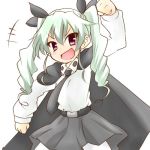  1girl :d anchovy anzio_school_uniform arm_up bangs black_cape black_neckwear black_ribbon blush cape clenched_hand collared_shirt commentary_request drill_hair eyebrows_visible_through_hair girls_und_panzer green_hair grey_skirt hair_between_eyes hair_ribbon head_tilt hono long_hair long_sleeves lowres necktie open_mouth pantyhose red_eyes ribbon school_uniform shirt simple_background skirt sleeves_past_wrists smile solo twin_drills twintails white_background white_legwear white_shirt 