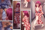  1girl ass barefoot blush breasts censored cleavage door drunk feet full_body futon highres hoshizora_ikuyo husband_and_wife indoors japanese_clothes key large_breasts legs legs_apart lying male_pubic_hair milf mosaic_censoring open_mouth penis pink_hair precure pubic_hair purple_eyes sequential shadow short_hair shrine_(artist) sideboob sleeping smile smile_precure! standing thighs toes undressing wide_sleeves 