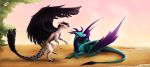  2018 beach black_feathers black_hair day detailed_background digital_media_(artwork) dragon feathered_dragon feathered_wings feathers hair horn lying male outside scalie seaside smile spine spines standing western_dragon wings wrappedvi 