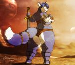  anthro big_breasts big_butt blue_fur breasts butt canine clothed clothing crown female fox fur huge_butt huge_thighs hyper hyper_muscles krystal looking_back mammal markings melee_weapon moon muscular muscular_female night nintendo skimpy sky solo star_fox sword tattoo thick_thighs tribal video_games warrior weapon xxsparcoxx 