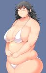  1girl black_eyes black_hair blush breasts cleavage fat freckles glasses huge_breasts obese shimejix solo sweat swimsuit 