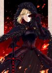  1girl absurdres armor armored_dress artoria_pendragon_(all) black_cape black_dress blonde_hair breastplate cape card dark_excalibur dress eyebrows_visible_through_hair fate/stay_night fate_(series) faulds fur-trimmed_cape fur_trim hand_on_hip highres holding holding_card hooded kawasemi_sumika looking_at_viewer saber_alter short_hair smile solo standing v-shaped_eyebrows yellow_eyes 