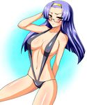  adjusting_hair arm_up arrester_blanket bad_id bad_pixiv_id banned_artist blue_hair blush breasts covered_nipples fight_ippatsu!_juuden-chan!! glasses hairband large_breasts legs red_eyes s_tanly sideboob slingshot_swimsuit solo swimsuit thighs 