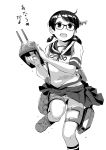  absurdres ass_visible_through_thighs bangs bespectacled bow bow_panties cannon collarbone collared_shirt commentary_request crotch_seam glasses greyscale groin highres kantai_collection low_twintails machinery makio_(makiomeigenbot) midriff_peek monochrome neckerchief open_mouth panties pantyshot parted_bangs pleated_skirt rigging running sailor_collar school_uniform serafuku shirayuki_(kantai_collection) shirt short_twintails skirt smokestack solo turret twintails underwear 