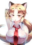  :o absurdres animal_ears animal_print arm_behind_head armpits blonde_hair breasts clouded_leopard_(kemono_friends) commentary_request elbow_gloves eyebrows_visible_through_hair gloves high-waist_skirt highres kanzakietc kemono_friends large_breasts leopard_ears leopard_print long_hair looking_at_viewer necktie print_gloves red_neckwear shirt simple_background skirt sleeveless sleeveless_shirt solo upper_body wet wet_clothes white_background white_shirt yellow_eyes 