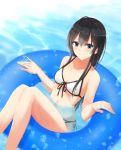  ahoge bikini black_hair blue_eyes blue_innertube breasts cleavage collarbone eyebrows_visible_through_hair front-tie_bikini front-tie_top hair_between_eyes innertube long_hair looking_at_viewer ponpon_(ponpon62126) shiny shiny_hair side-tie_bikini sitting small_breasts smile solo swimsuit white_bikini yahari_ore_no_seishun_lovecome_wa_machigatteiru. yukinoshita_yukino 