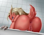  2018 anthro anus avian blaziken blonde_hair blue_eyes butt claws clitoris digital_media_(artwork) dripping eyelashes feathers female hair howling-strawberries long_hair looking_at_viewer looking_back nintendo nude pink_pussy pok&eacute;mon pok&eacute;mon_(species) presenting presenting_anus presenting_hindquarters presenting_pussy pussy pussy_juice red_feathers solo video_games white_claws 