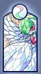  1girl creatures_(company) female game_freak gardevoir gen_3_pokemon green_hair hair_over_one_eye heart highres looking_at_viewer mega_gardevoir mega_stone muguet nintendo no_humans open_mouth pokemon pokemon_(creature) red_eyes short_hair smile solo stained_glass wings 