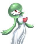  1girl cowboy_shot creatures_(company) female game_freak gardevoir gen_3_pokemon green_hair green_skin hair_over_one_eye happy highres looking_at_viewer nintendo no_humans open_mouth pokemon pokemon_(creature) red_eyes shiny shiny_hair shiny_skin short_hair shoukin500 simple_background smile solo standing two-tone_skin white_background white_skin 
