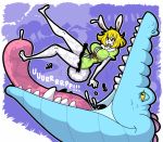  ambiguous_gender ambiguous_pred anthro barefoot big_breasts blonde_hair breasts buckteeth burping carrot_(one_piece) clothing crocodile crocodilian dress female female_prey feral footwear hair high_heels hypnofood imminent_vore lagomorph mammal one_piece open_mouth rabbit reptile saliva scalie sharp_teeth shoes short_hair sweat sweatdrop teeth tongue vore yellow_eyes 