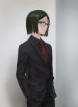  &gt;:( bespectacled black_hair black_shirt business_suit collared_shirt commentary cowboy_shot fate/grand_order fate/zero fate_(series) formal from_side glasses green_eyes hair_between_eyes hands_in_pockets highres indoors looking_at_viewer lord_el-melloi_ii male_focus necktie red_neckwear semi-rimless_eyewear shirt short_hair solo soonbu striped striped_neckwear suit waver_velvet white_background 